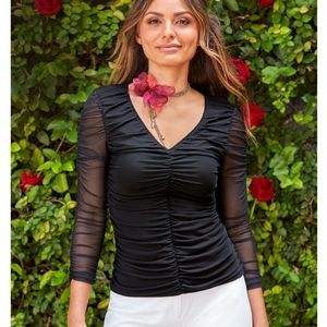 Ruched Mesh V-Neck Top